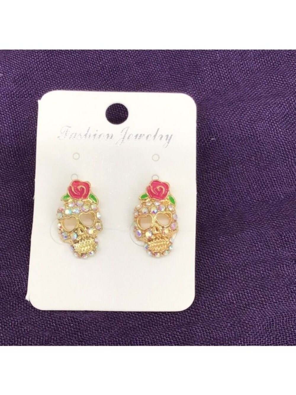 Gold-Tone Crystal & Enamel Skull Earrings With Rose Design Post Back
